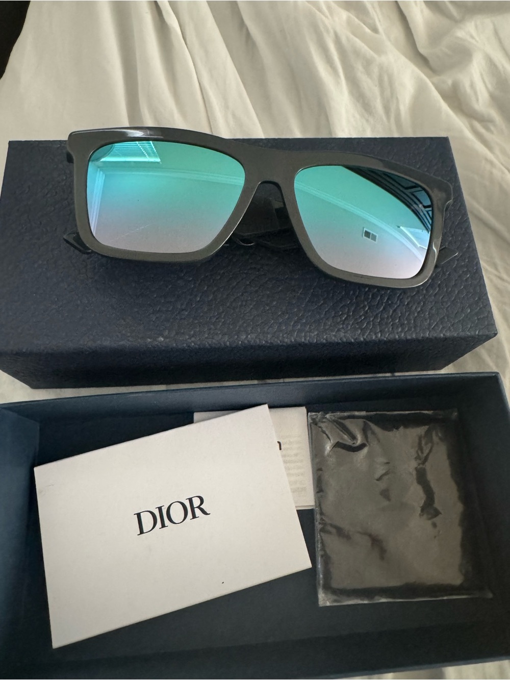 Dior Black Frame Sunglasses with Green-Blue Mirrored Lenses